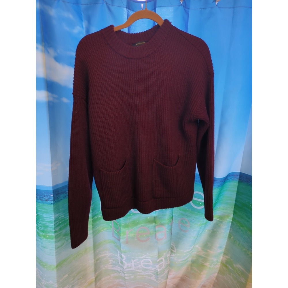 Ann Taylor Heavy Sweater Women Size L Burgundy 2 Pockets Wool Acrylic Blend B54